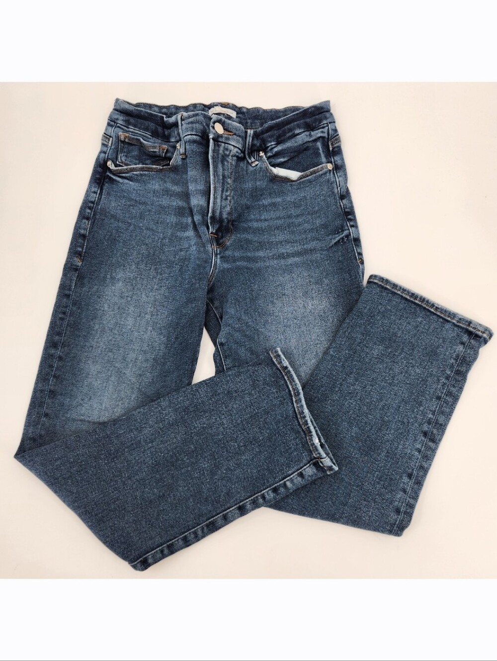 Good American High Rise Straight Leg Jeans Womens Size 12/31 Dark Wash Denim - Picture 2 of 7